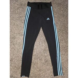 Adidas Womens XS Black Light Blue 3-Stripe Athletic Leggings Yoga Pants